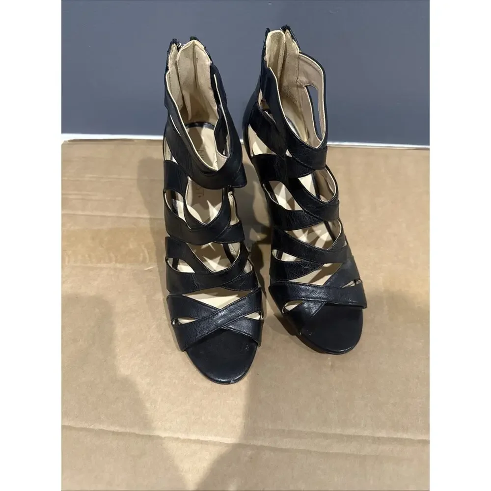 Nine West Cronin Wedges Shoes Black Leather Gladiator Size 6M